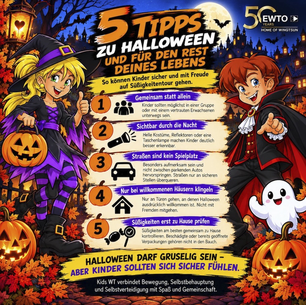 Grafik der EWTO: 5 Tipps zu Halloween für Kinder: gemeinsam unterwegs sein, sichtbar bleiben, auf den Straßenverkehr achten, nur an willkommenen Häusern klingeln, Süßigkeiten zu Hause prüfen.